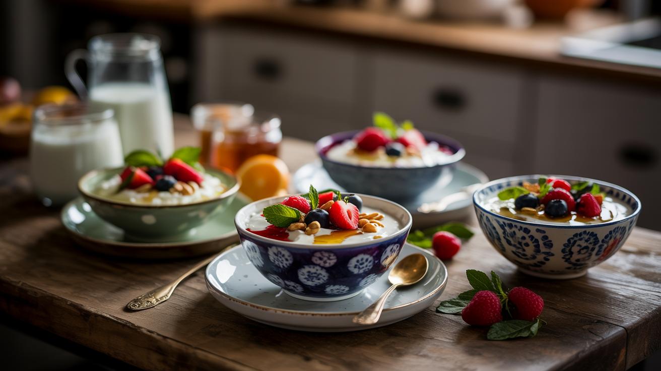A tantalizing display of cottage cheese, Greek yogurt, and skyr artfully adorned with fresh berries, nuts, and honey, captured in dramatic lighting to highlight their rich, creamy textures and vibrant colors.