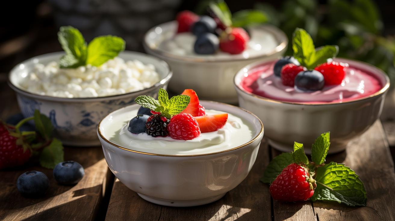 A tantalizing display of cottage cheese, Greek yogurt, and skyr, each adorned with fresh berries and mint, set against a rustic wooden backdrop under cinematic lighting.