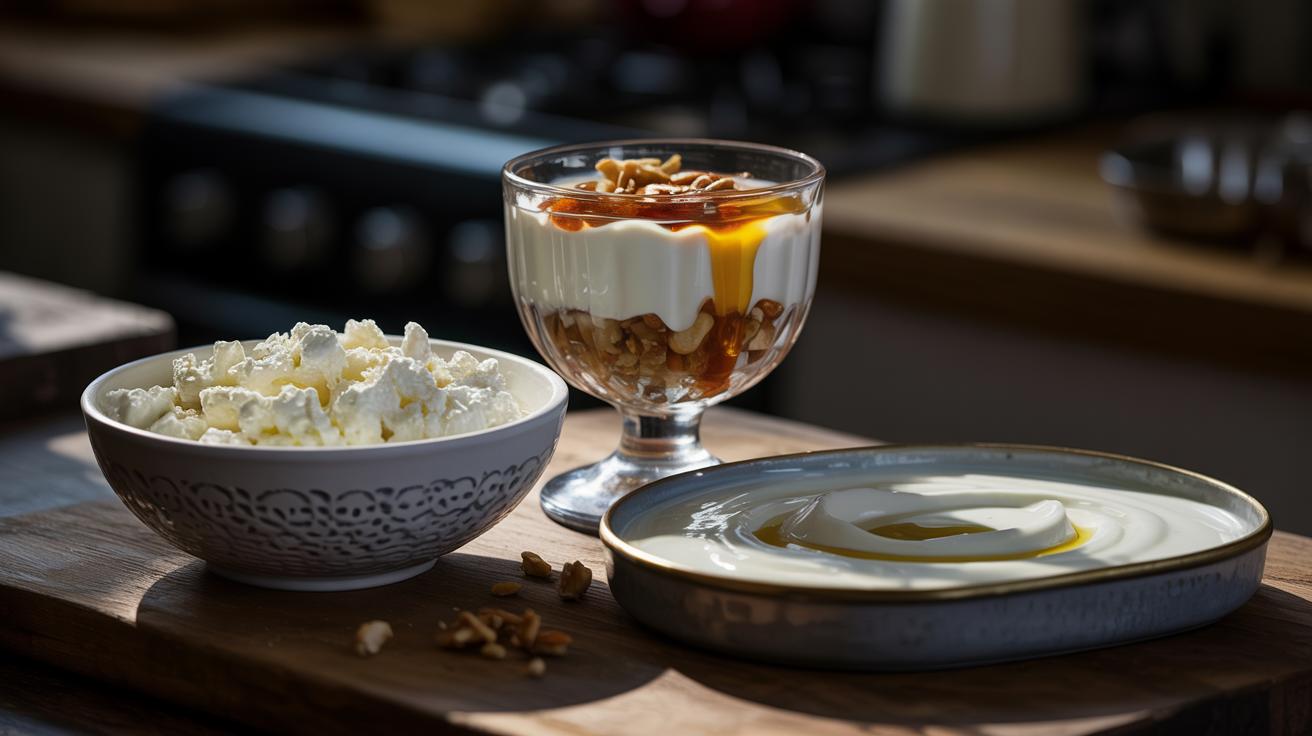 Three dairy titans in a culinary showdown: cottage cheese, Greek yogurt, and skyr, each showcasing their unique textures and flavors under dramatic lighting.