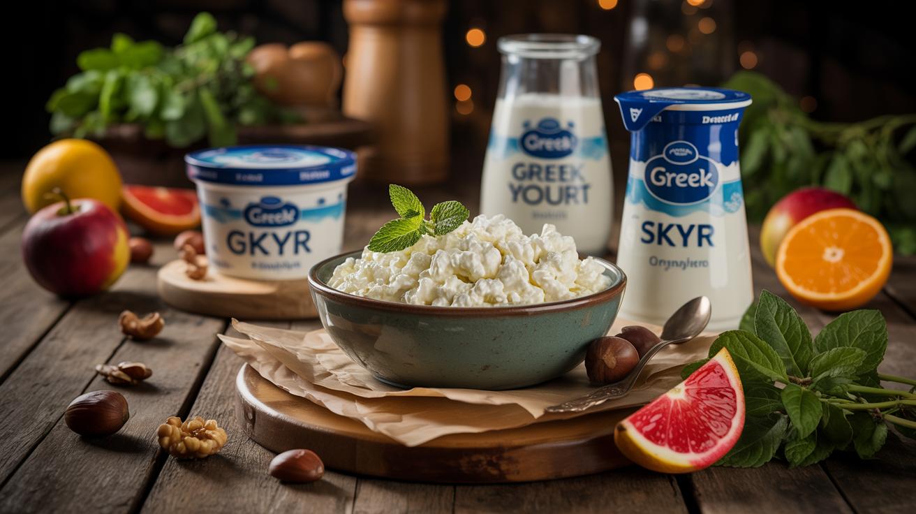 A captivating scene of rich, creamy cottage cheese alongside Greek yogurt and skyr, illuminated by cinematic lighting, showcasing a vibrant display of nourishing textures and colors.