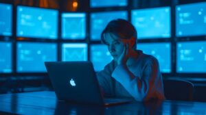 An individual immersed in the glow of digital screens, illustrating the pervasive presence of blue light in modern life, set against a backdrop of deep, cinematic blues.