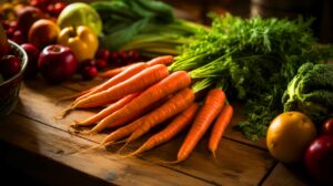 A vibrant display of carrots and colorful produce, highlighting the power of a balanced diet for eye health.