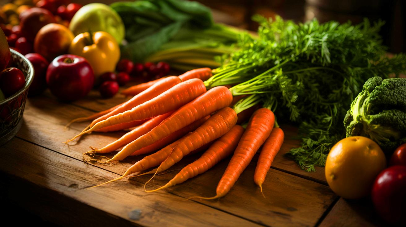 A vibrant display of carrots and colorful produce, highlighting the power of a balanced diet for eye health.