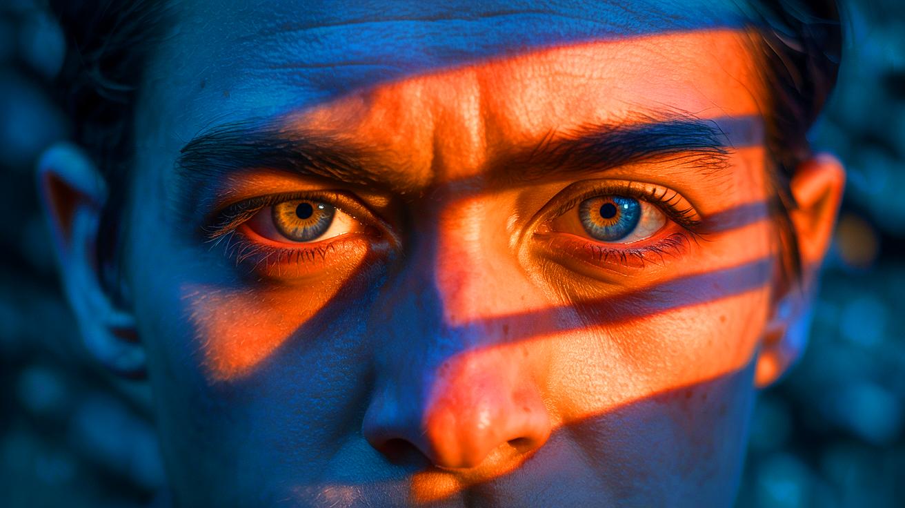 A captivating close-up portrait showcasing the subtle contrast between our dominant and less dominant eyes, illuminated with cinematic shadow and light, symbolizing the balance of evolution and modern habits.