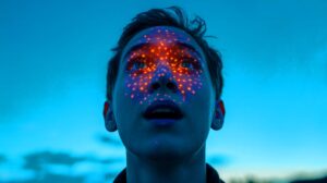 A mesmerizing moment as tiny star-like sparkles dance in the eyes under a radiant blue sky, capturing the wonder of seeing stars in daylight with dramatic emphasis.