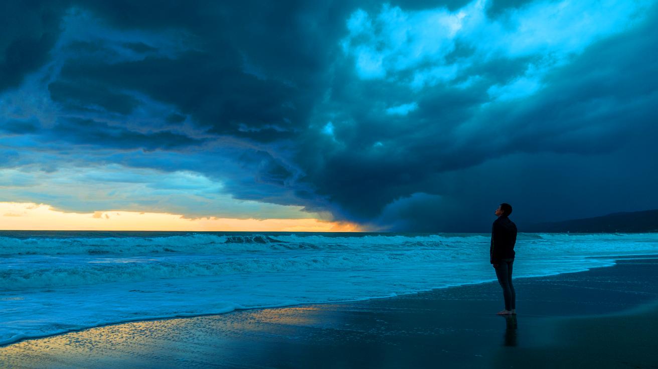 A lone figure gazes out at the horizon, sensing the impending storm, embodying the natural connection between human perception and weather's power.